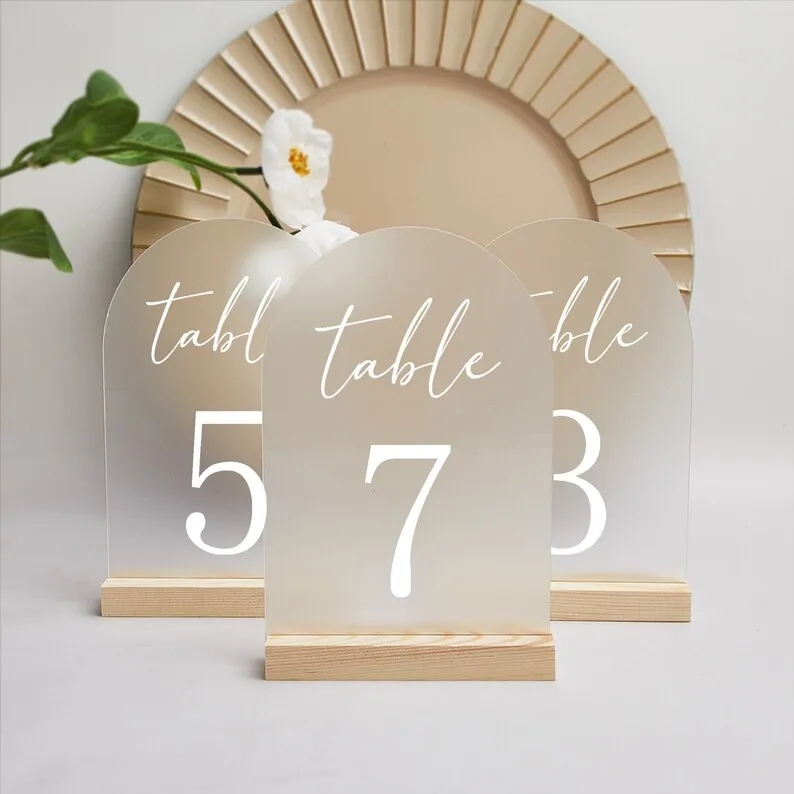 

Arch Table Numbers Wedding with Wooden Stand Frosted Arched Acrylic Custom Wedding Reception Decor, Wedding Signs, Party Decor
