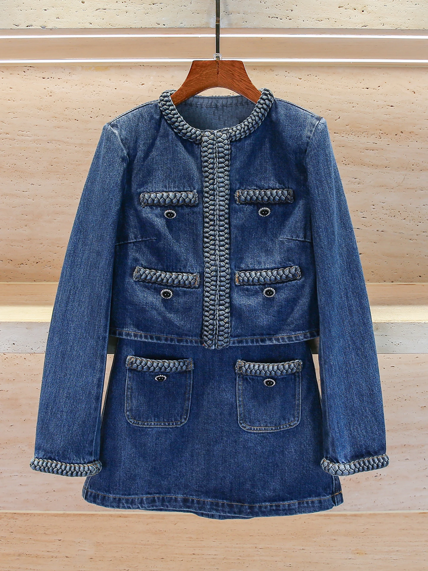 High-End Women's Denim Cardigan Coat +  Skirt Set Autumn Winter Waed Vintage Sle Faionable Two-Piece Ensemble