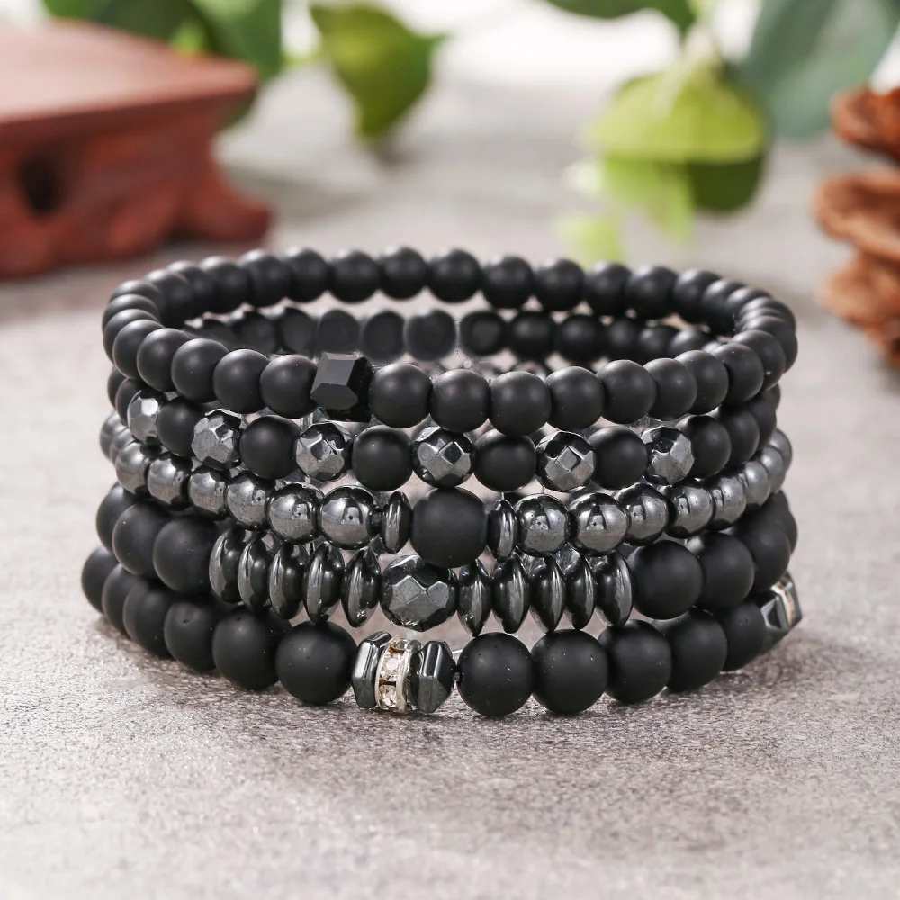 Pulsera de piedra de hematita mate negra para hombres y mujeres, joyería de pulsera de moda de belleza europea, 4 piezas por juego