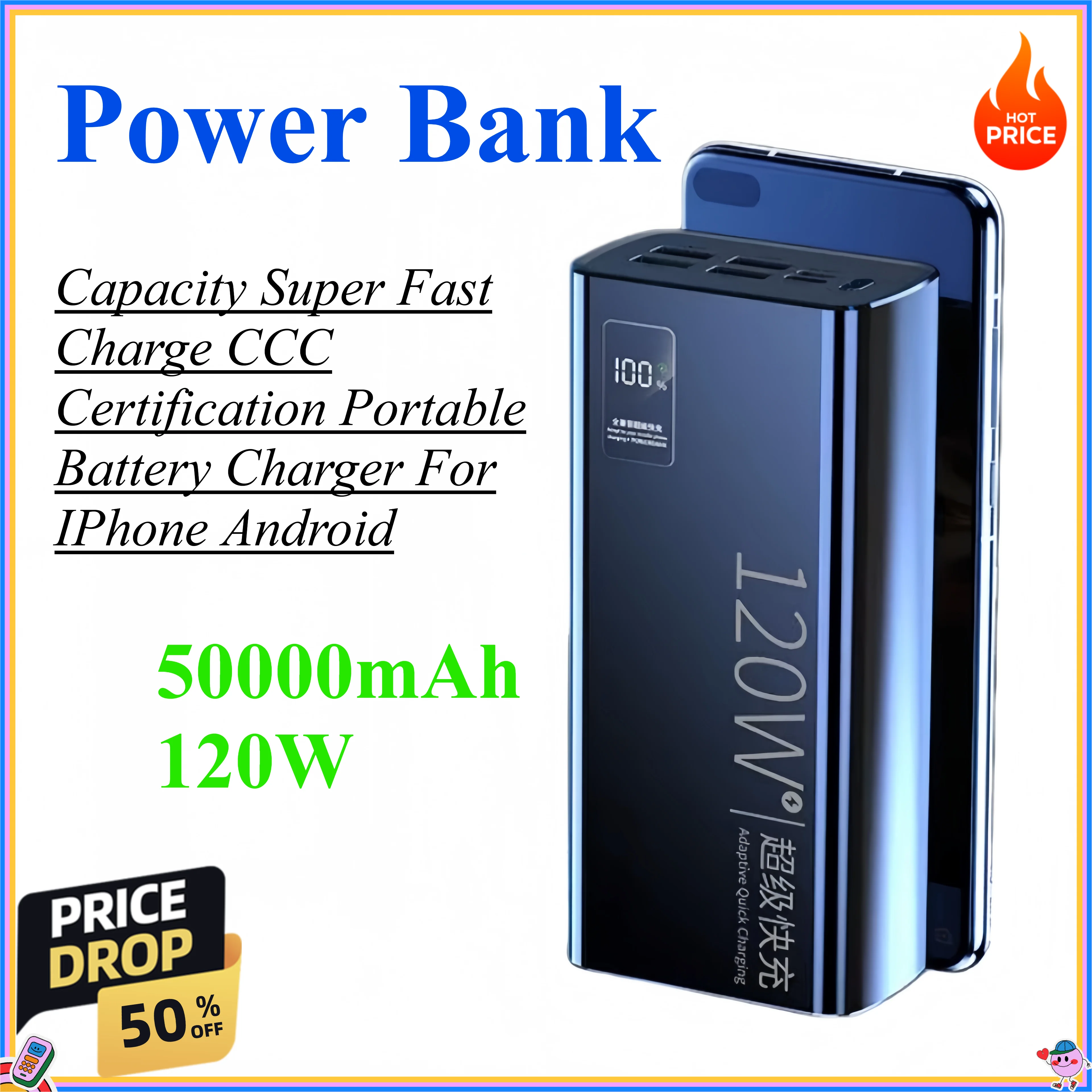 

50000mAh 120W Capacity Power Bank Super Fast Charge CCC Certification Portable Battery Charger For IPhone Samsung