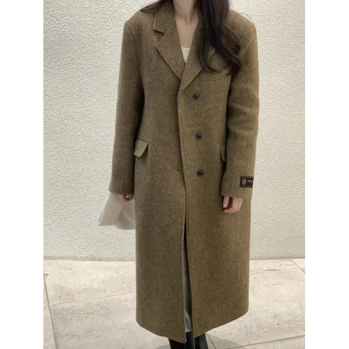 

Women's Woolen Coat Long Single Buttoned Lapel Autumn Winter New Sle Chic Retro Versatile Ele Long Coat Commute