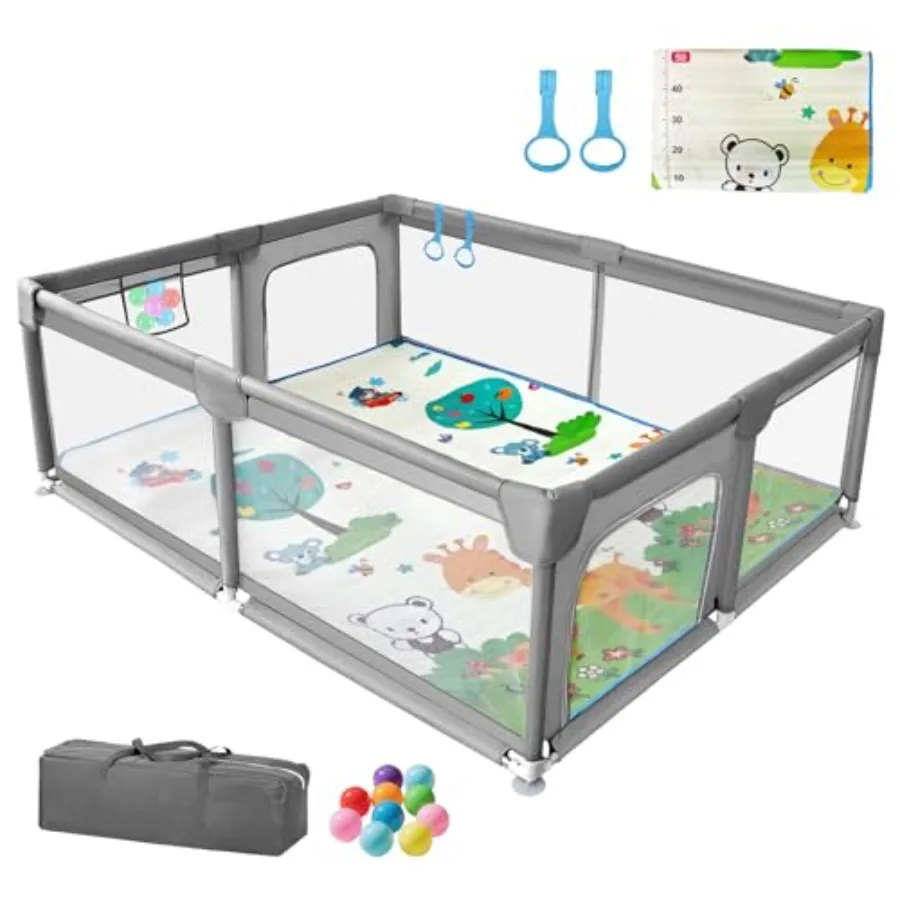 

75in*59in Baby Playpen with MatExtra Large Toddler Playpen Gray with Storage Bag Safe Baby Play Area with Mat Sturdy and Safe K