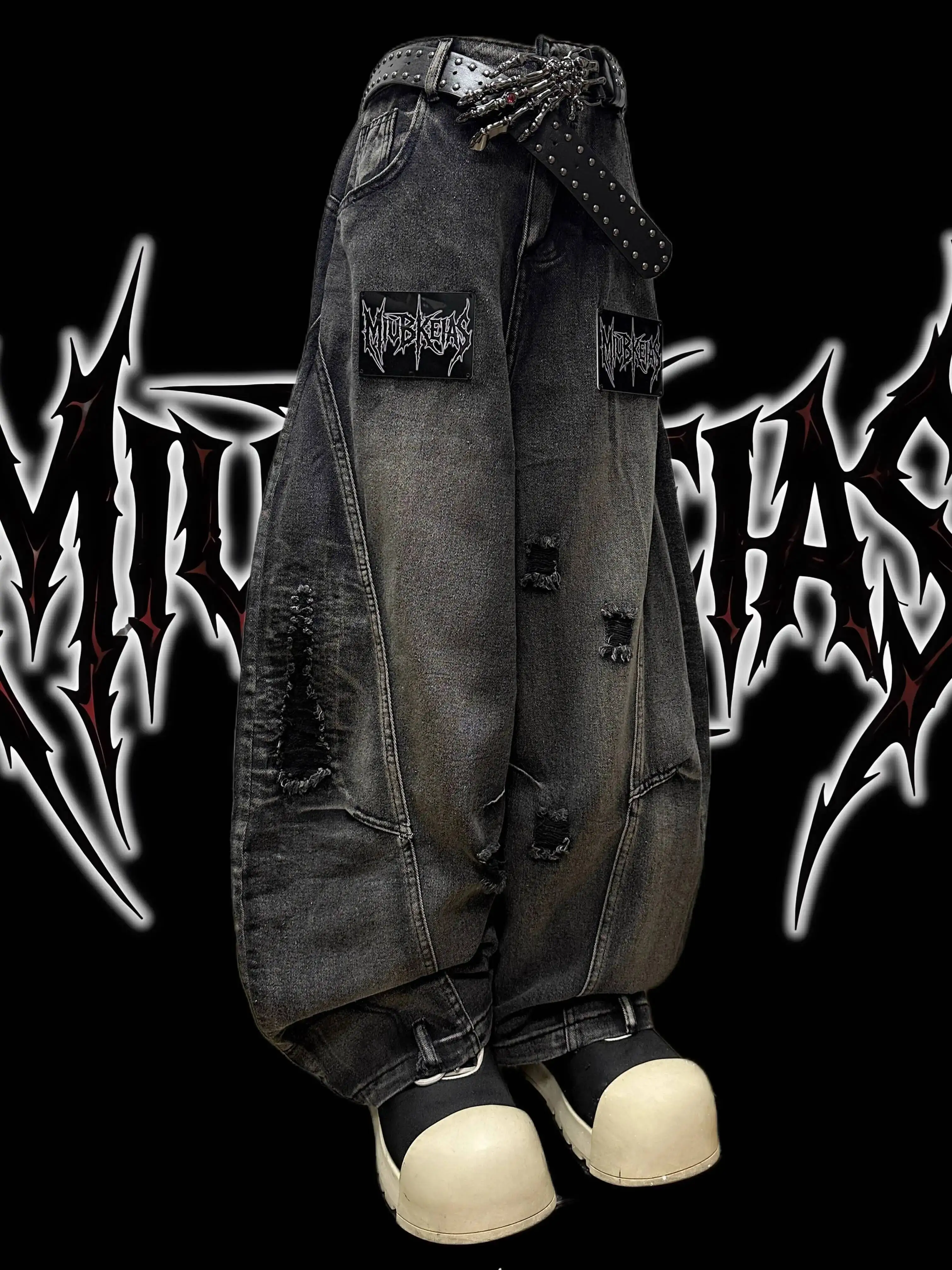 Spodnie jeansowe unisex w stylu punk gothic na jesień i zimę, streetwearowe, z napisami, postarzane, luźne, z szerokimi nogawkami, styl Y2K.