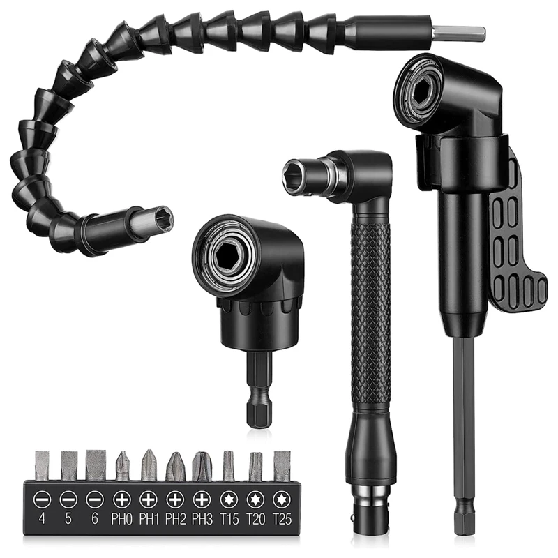 

14 Pcs 1/4 Inch Hex Bendable Drill Bit Extension 105 Right Angle Drill 90 Right Angle Black