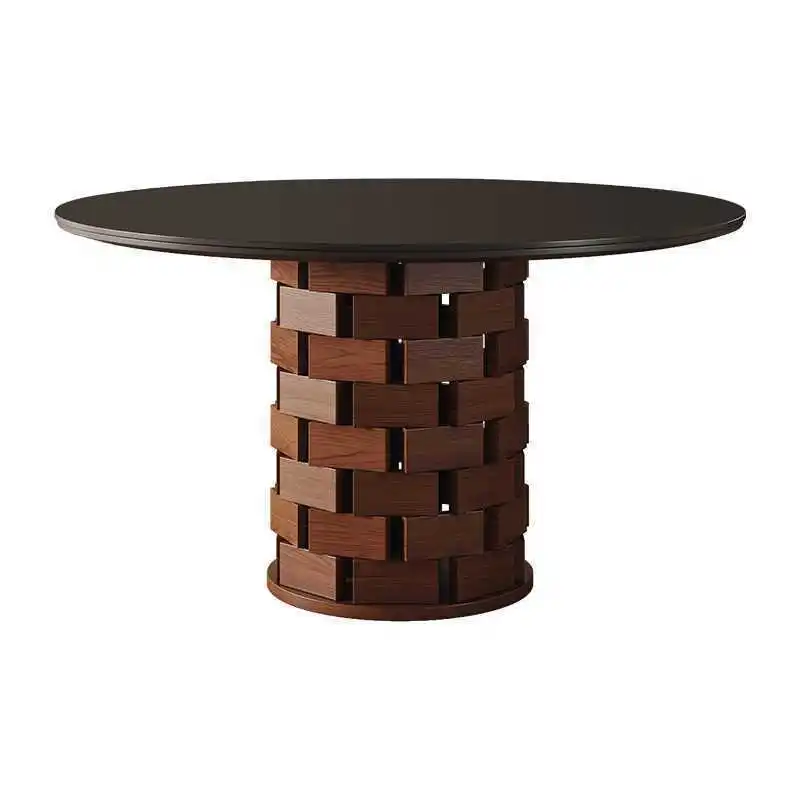Medieval black rock slab round table household small retro solid wood dining table