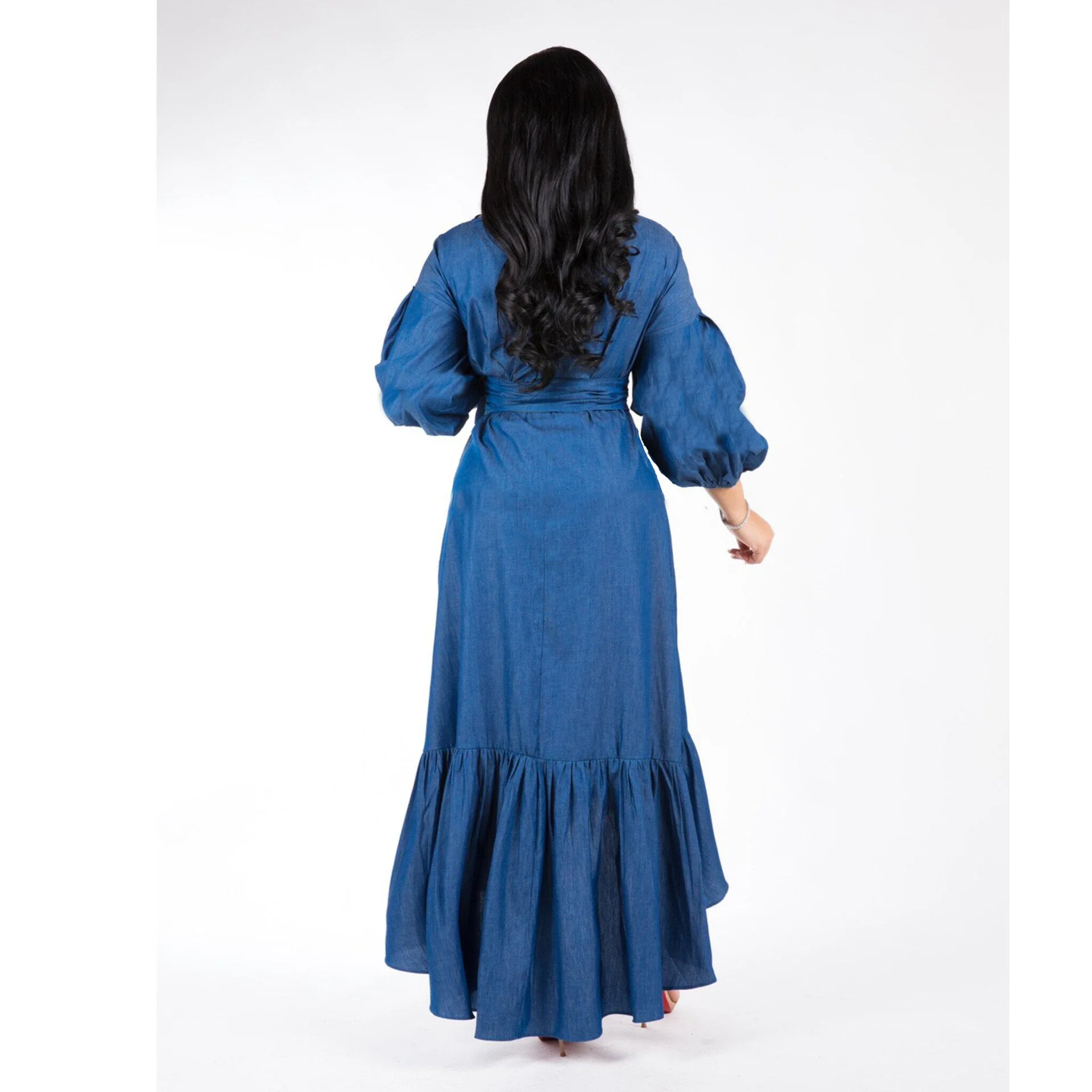 2022 Summer Ruffles Denim Dresses Women 2022 Casual Half Sleeve Loose Maxi Dresses Irregular Short Dress Sundress Vestidos