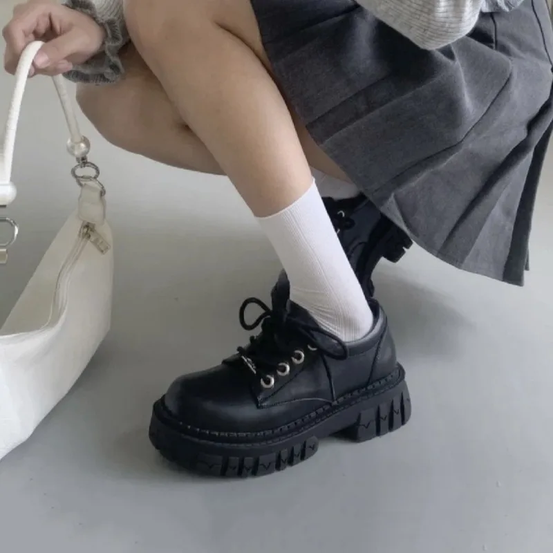 

Women's Black Platform Oxfords 2026 Spring Round Toe Lace-Up PU Leather Casual College Style Wedge Heel Shoes For Ladies