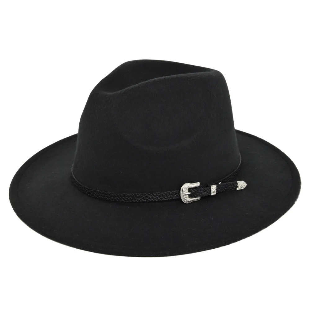 Sombrero Fedora de lana con cinta de cuero negro para hombre y mujer, Sombrero elegante de fieltro, ala ancha, Jazz, iglesia, Panamá, invierno y