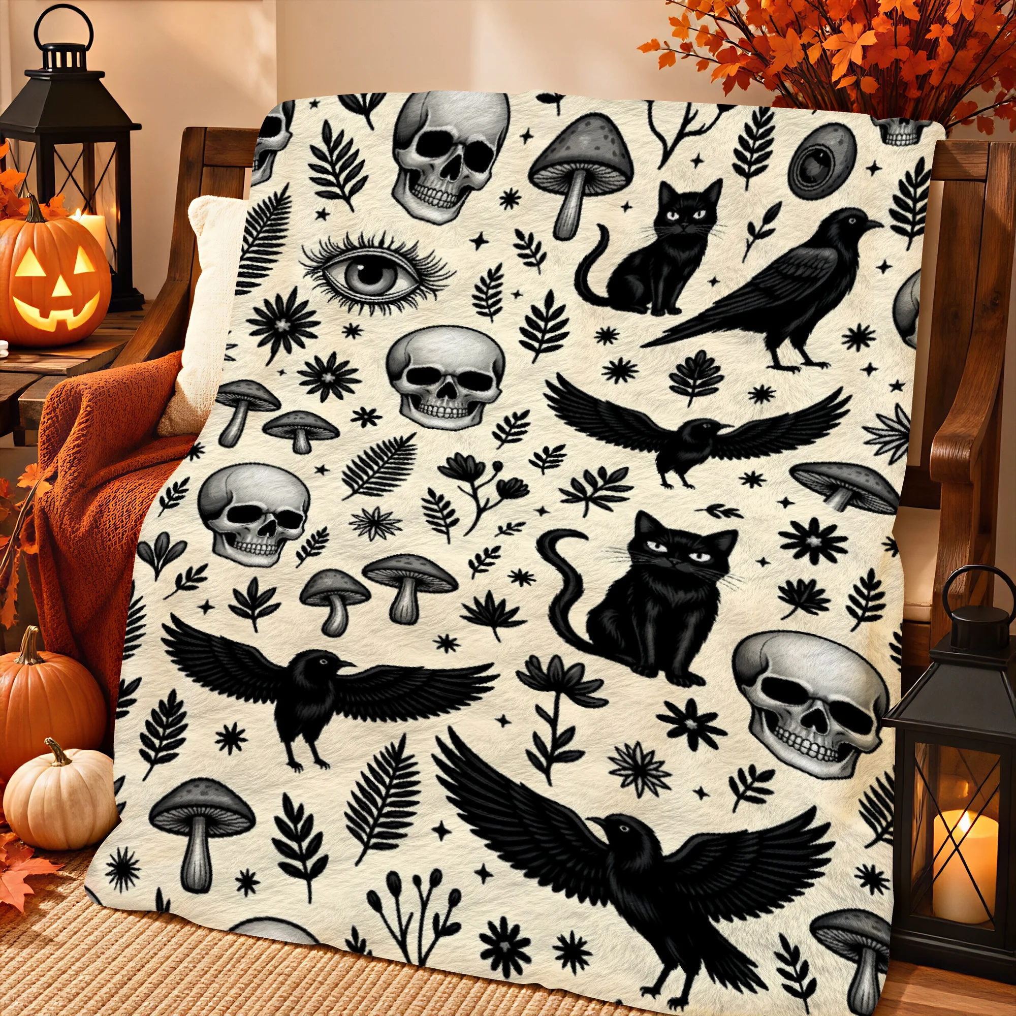 1pc 2D Printed Halloween Throw Blanket, Skulls Black Cats Ravens Mushrooms Ferns Stars Pattern on Cream Background, Soft Warm Co