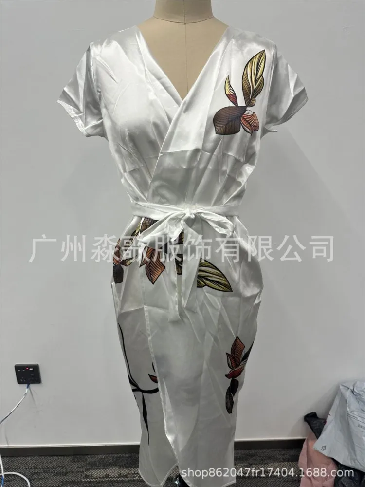 Robe en Satin imprimé pour femmes, Sexy, décolleté en v profond, manches courtes, élégante, taille cintrée, à lacets, pour le bureau, nouvelle collection été