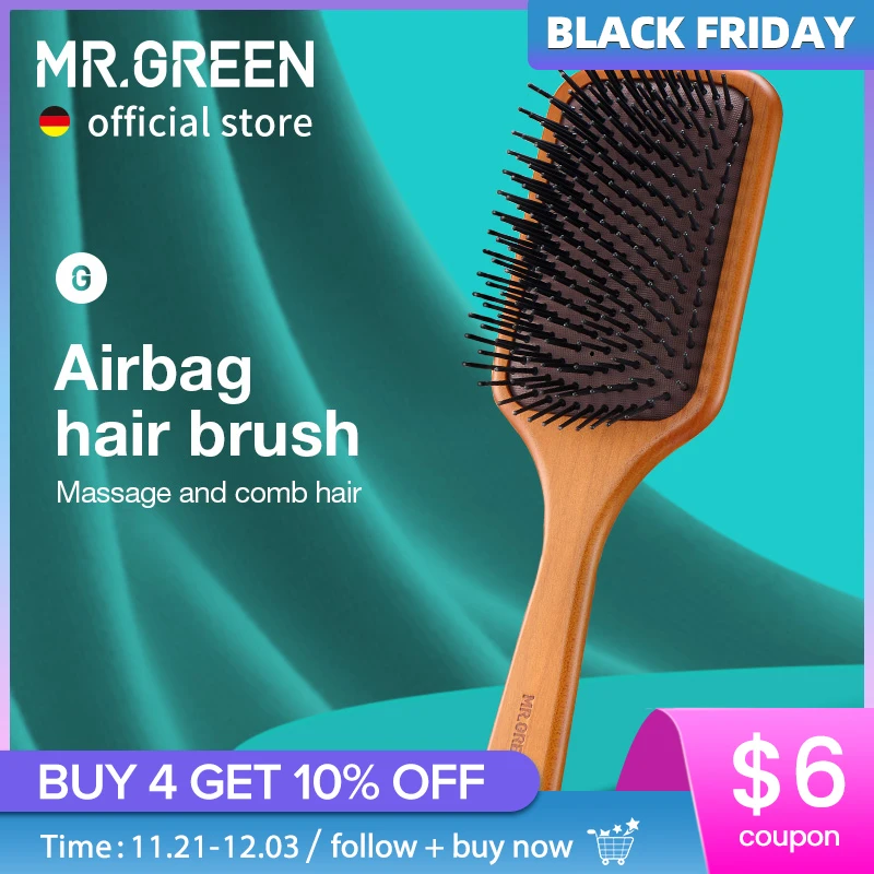 MR.GREEN Hair Brush Natural Maple Wide Board Massage Scalp Air Cushion Fine Tooth Comb For Curly Long Hair Women Men