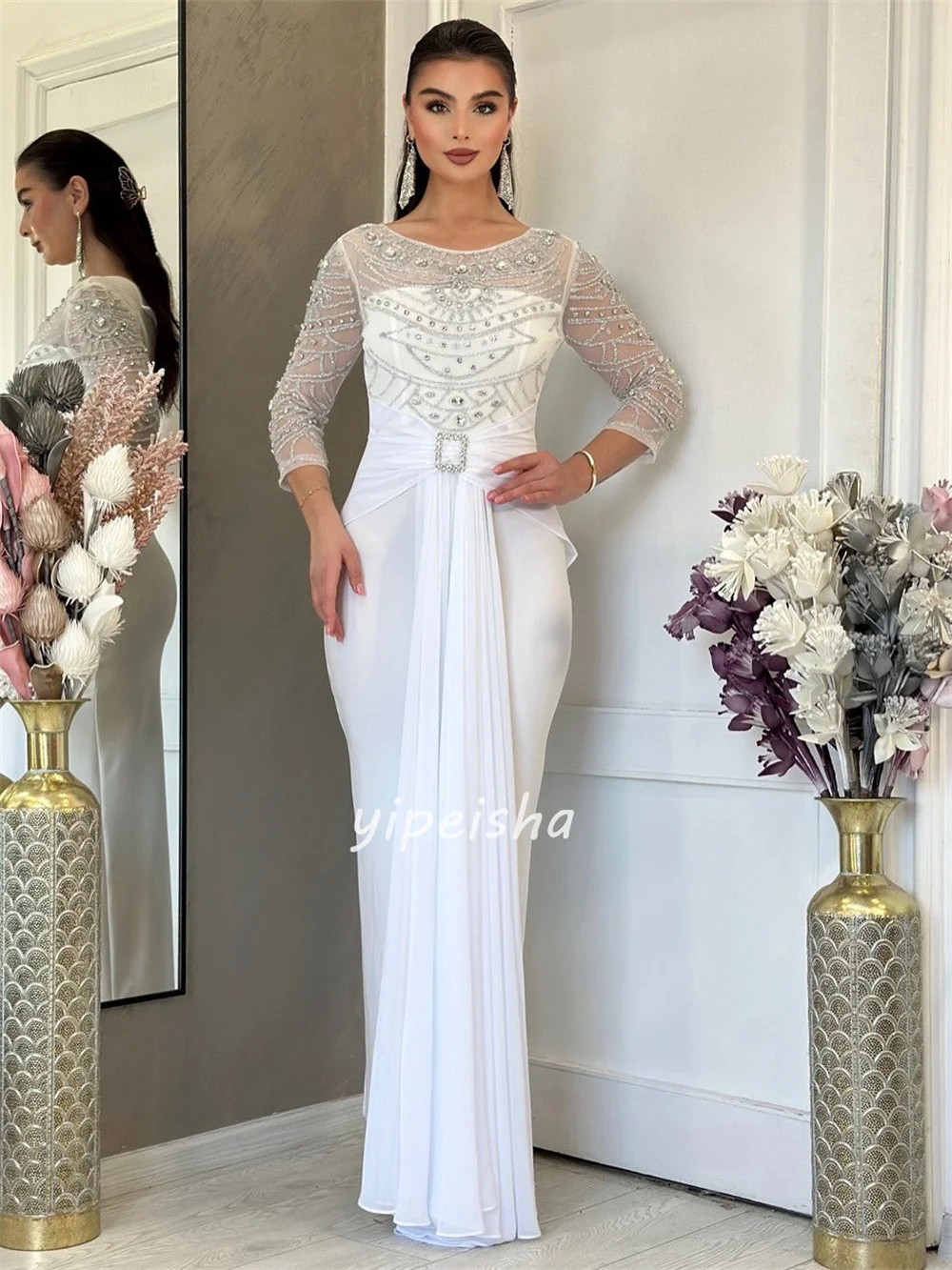 Szyte na miarę wysokiej jakości, dopasowane sukienki syreny z szyfonu, z dżetami, plisami, dekoltem w serek, długie sukienki na specjalne okazje, nowoczesny styl.