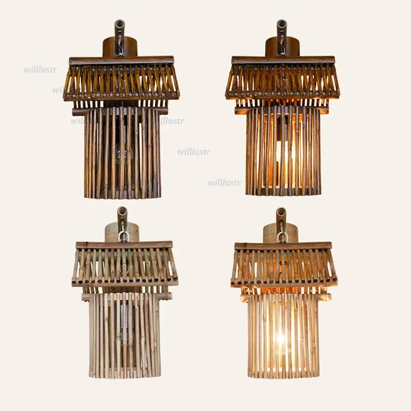 Southeast Asia Bamboo Wall Lamp Creative Handmade Pastoral Style Sconce for Hotel Tearoom Resort Villa Club Corridor Balcony Lig
