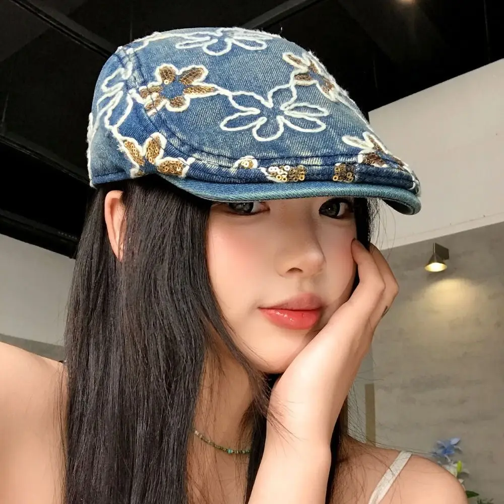 

Personality Cloth Denim Forward Cap Y2k Ethnic Style Glitter Beret Fashion Visor Sequin Newsboy Cap Summer