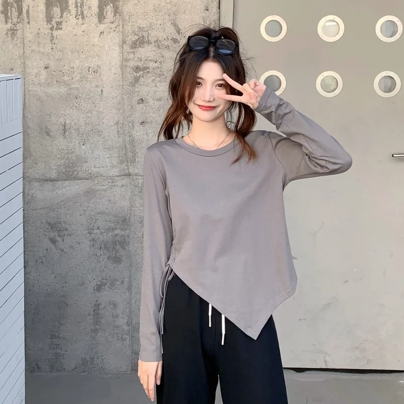 

Футболки с длинным рукавом, женские корейские хлопковые кружевные топы, облегающие легкие весенние женские элегантные минималистичные молодежные повседневные повседневные футболки