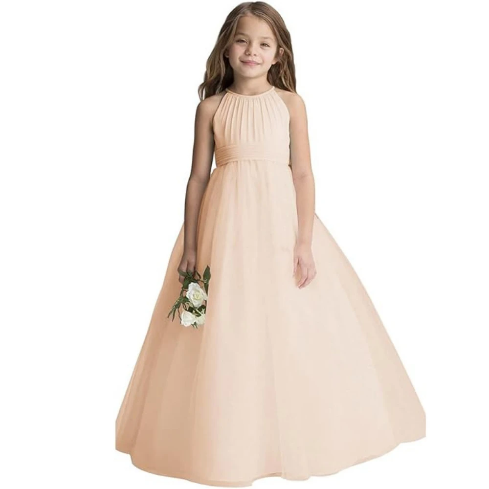 New Multi Colors Girls A-line Tulle Long Wedding Clothes Simple Elegant Sleeveless Princess Gown For Piano Contest Performance