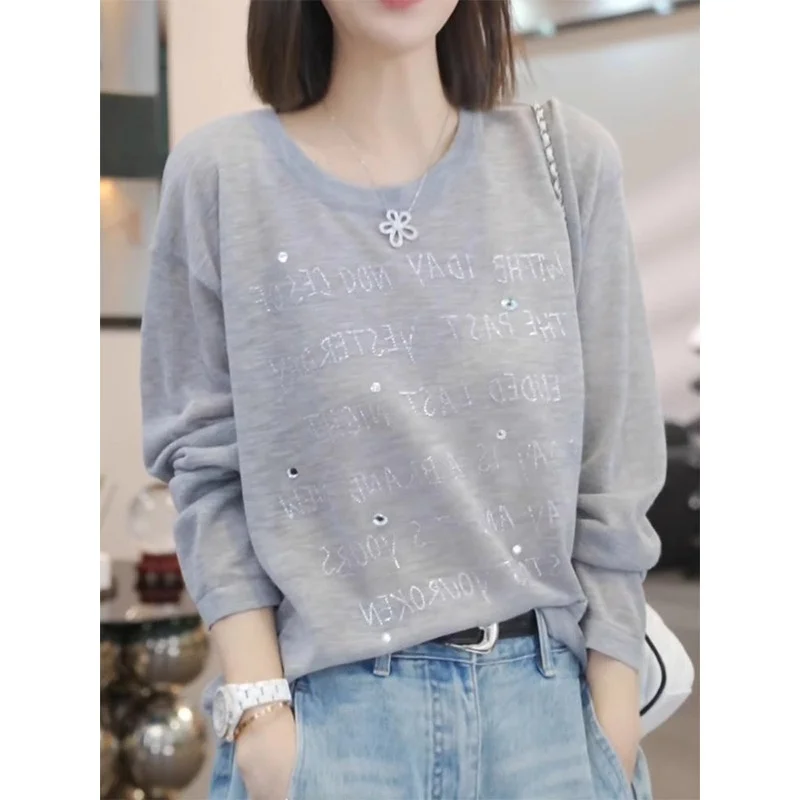 

Женская повседневная тонкая футболка с длинным рукавом, украшенная стразами и буквенным принтом, дышащая, для ранней осени, новая модель, корейская версия