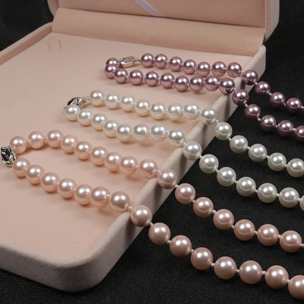 8 10mm Round White Pink Purple Green Gold Color Temperament Deep-sea Shell Pearl Necklace Female Multicolor Mom Girlfriend Gifts