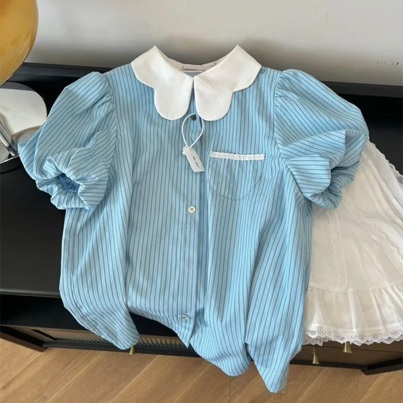 Neploe Sweet Blue Striped Peter Pan Collar Blouses Summer New Single Breasted Shirts Women Y2k Short Sleeve Loose Blusas Mujer