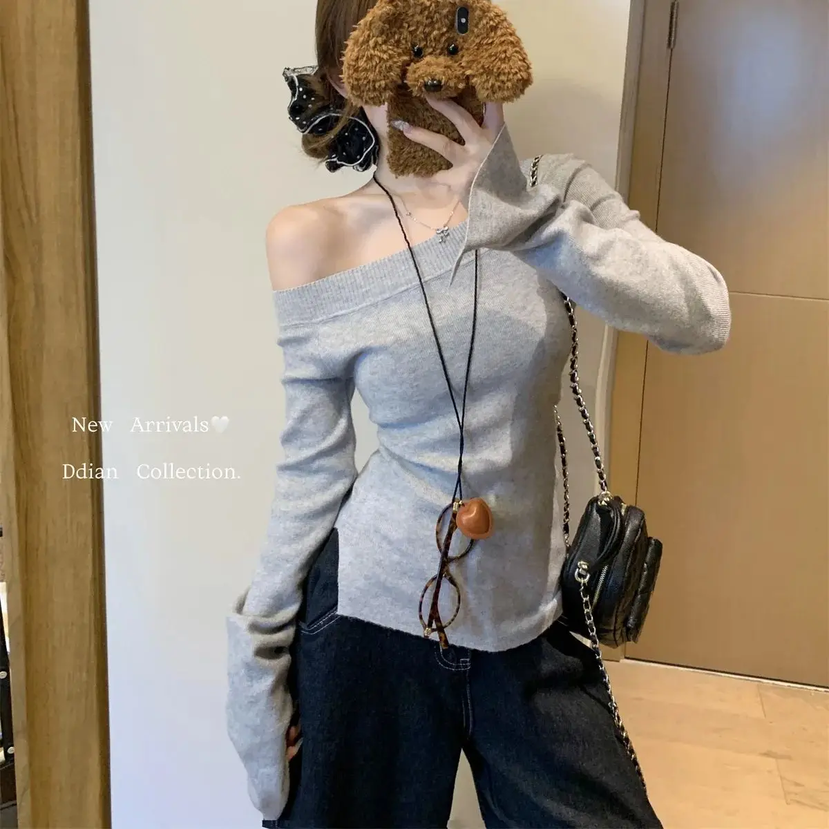 Autumn and winter pure color sexy one-shoulder drawstring sweater bottoming sweater top