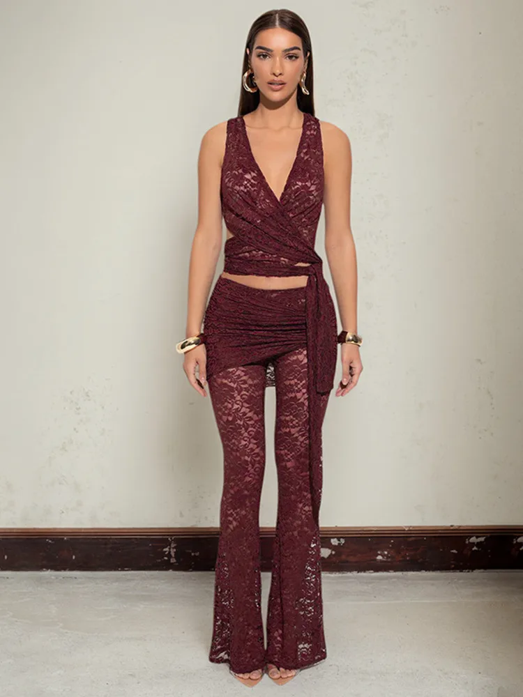 

Mozision Кружевные ажурные сексуальные брюки Комплекты женских топов на бретелях с глубоким v-образным вырезом и брюками Женский элегантный расклешенный брючный костюм Комплект из двух предметов