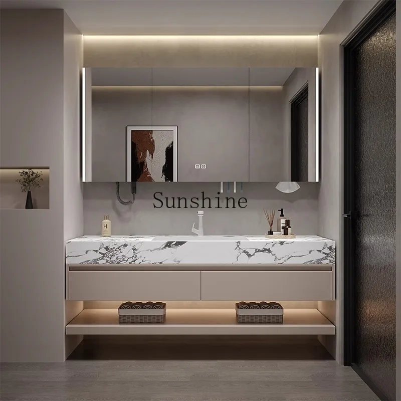 

Light luxury rock slab seamless ceramic basin integrated basin solid wood bathroom cabinet combined bathroom washstand