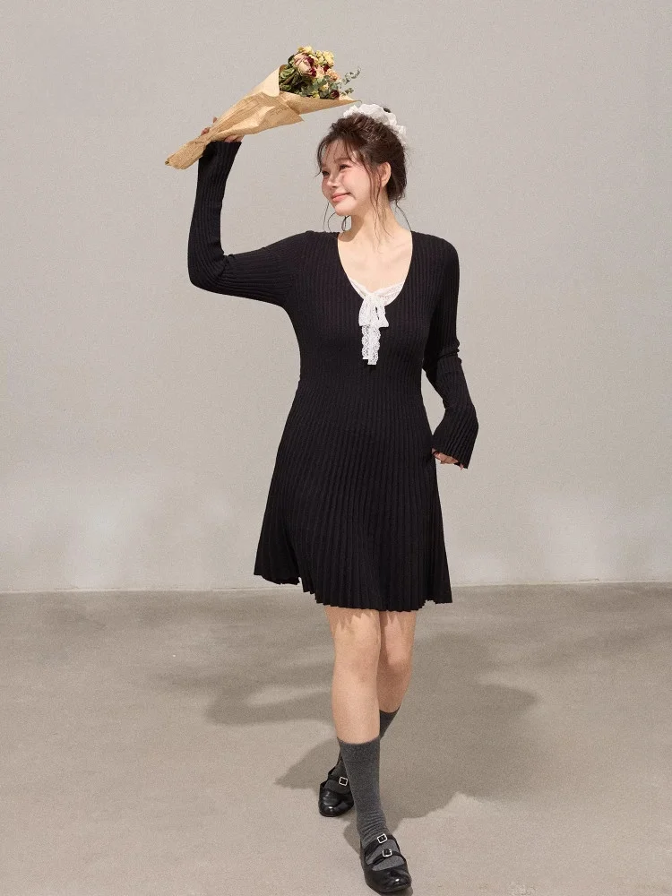 

Зимнее вязаное платье больших размеров с V-образным вырезом, плиссировкой, эффектом похудения, в французском стиле, с высокой талией, длинными рукавами