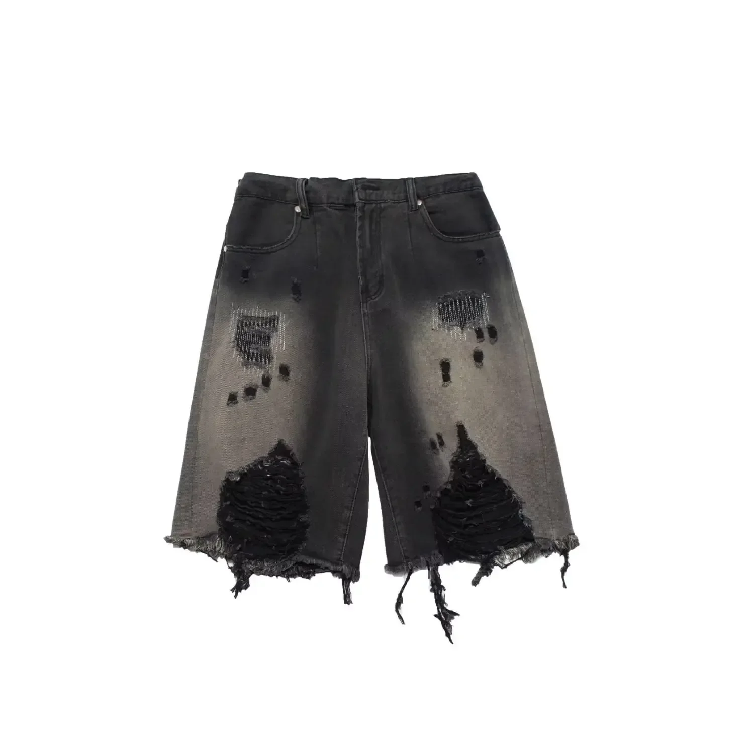 American High Street Washed Gradient Women Ripped Retro Old Size Denim Loose Shorts baggy jeans women
