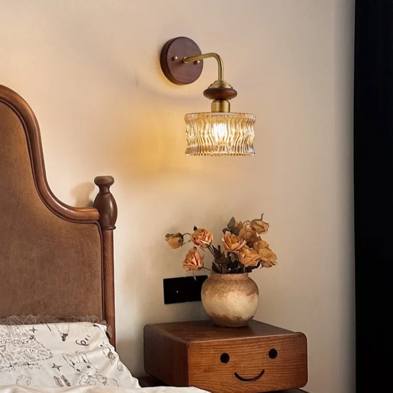 

wall lamp, bedroom bedside lamp, walnut brass, retro living room corridor, aisle homestay, light luxury background wall lamp