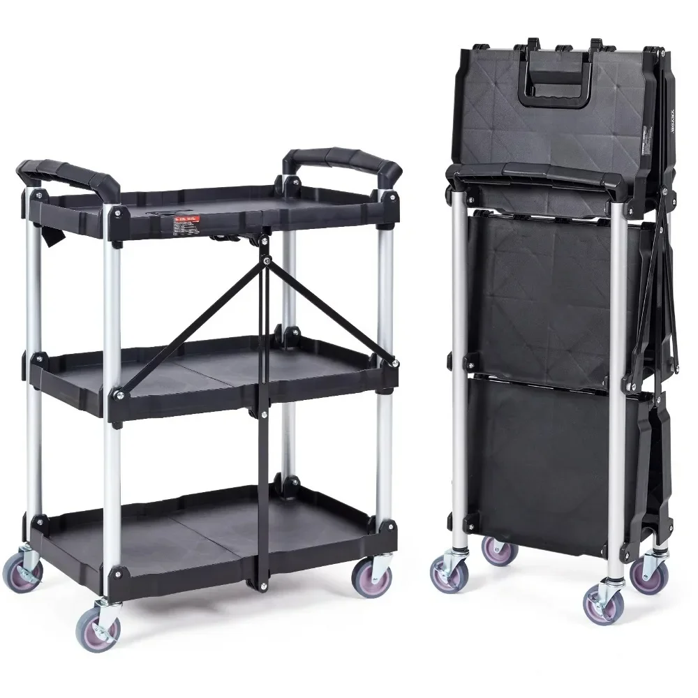 BENTISM Foldable Utility Service Cart 3 Shelf 165lbs with Swivel Lockable Wheels