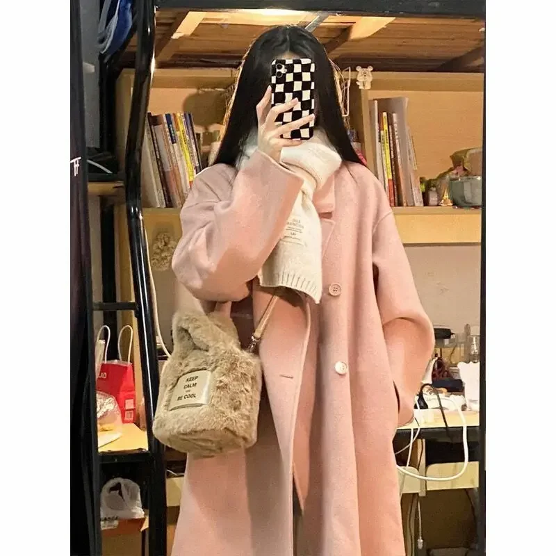 Plus Size Trendy Pink Woolen Jacket For Women 2024 Autumn Winter New Style Overcoat With Elegant Design And High Quality Mate...