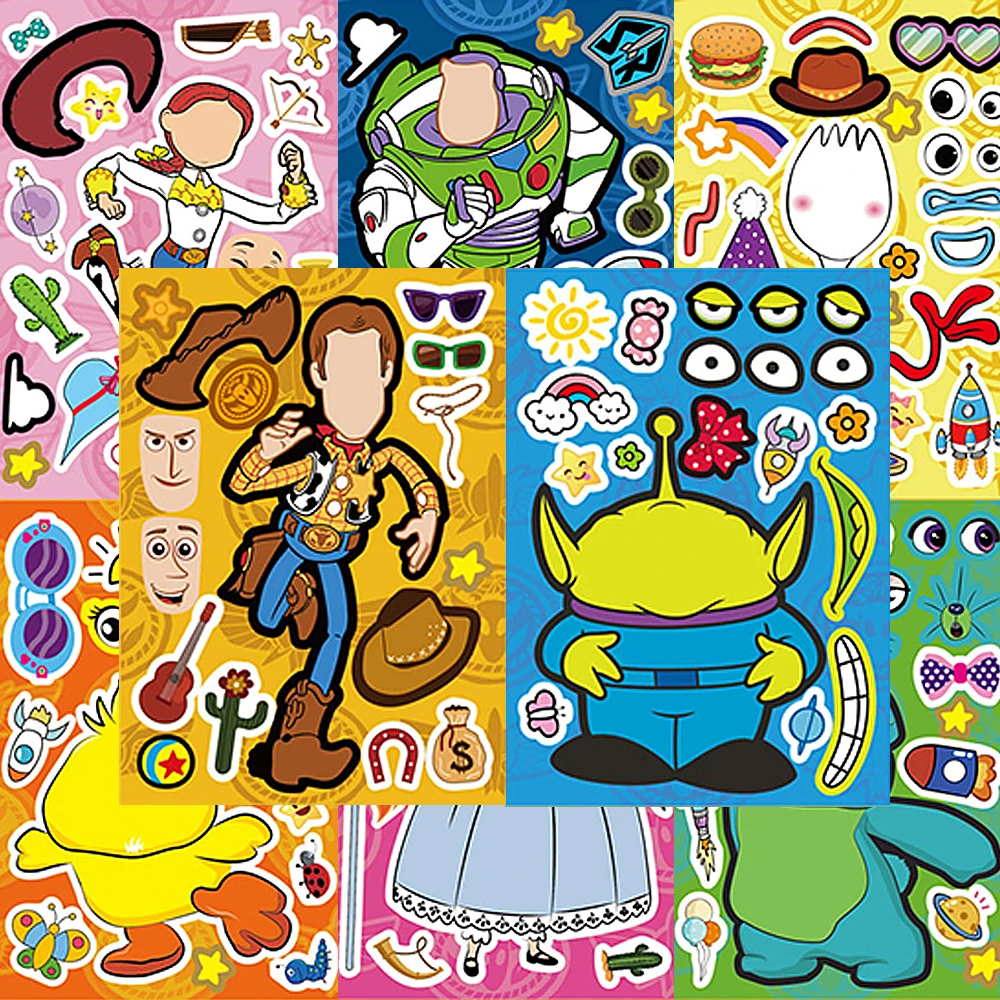 

8/16Sheets Disney Toy Story Cartoon Puzzle Stickers Game Make a Face DIY Assemble Jigsaw Toys Decoration Theme Party Gifts