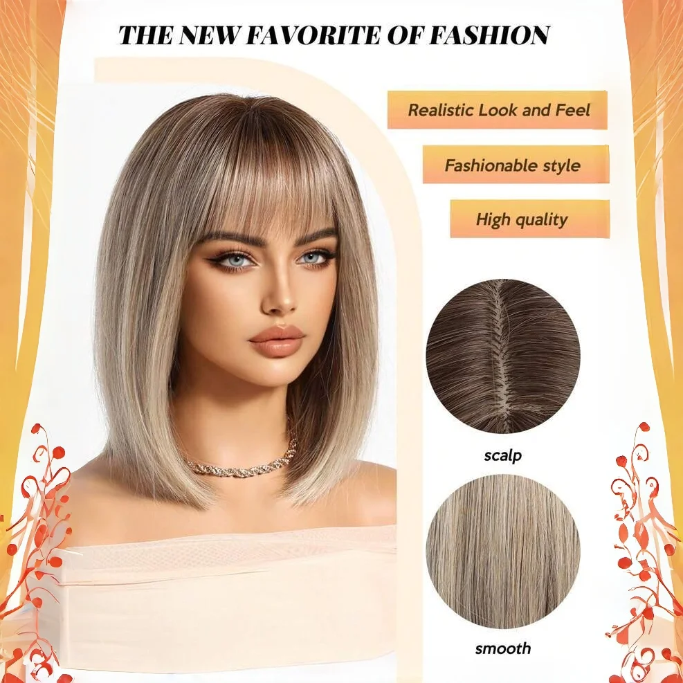A Breathable and Comfortable 14-Inch Shoulder-Length Layered Synthetic Wig with Bangs, Featuring a Gradient Bob Cut image 4