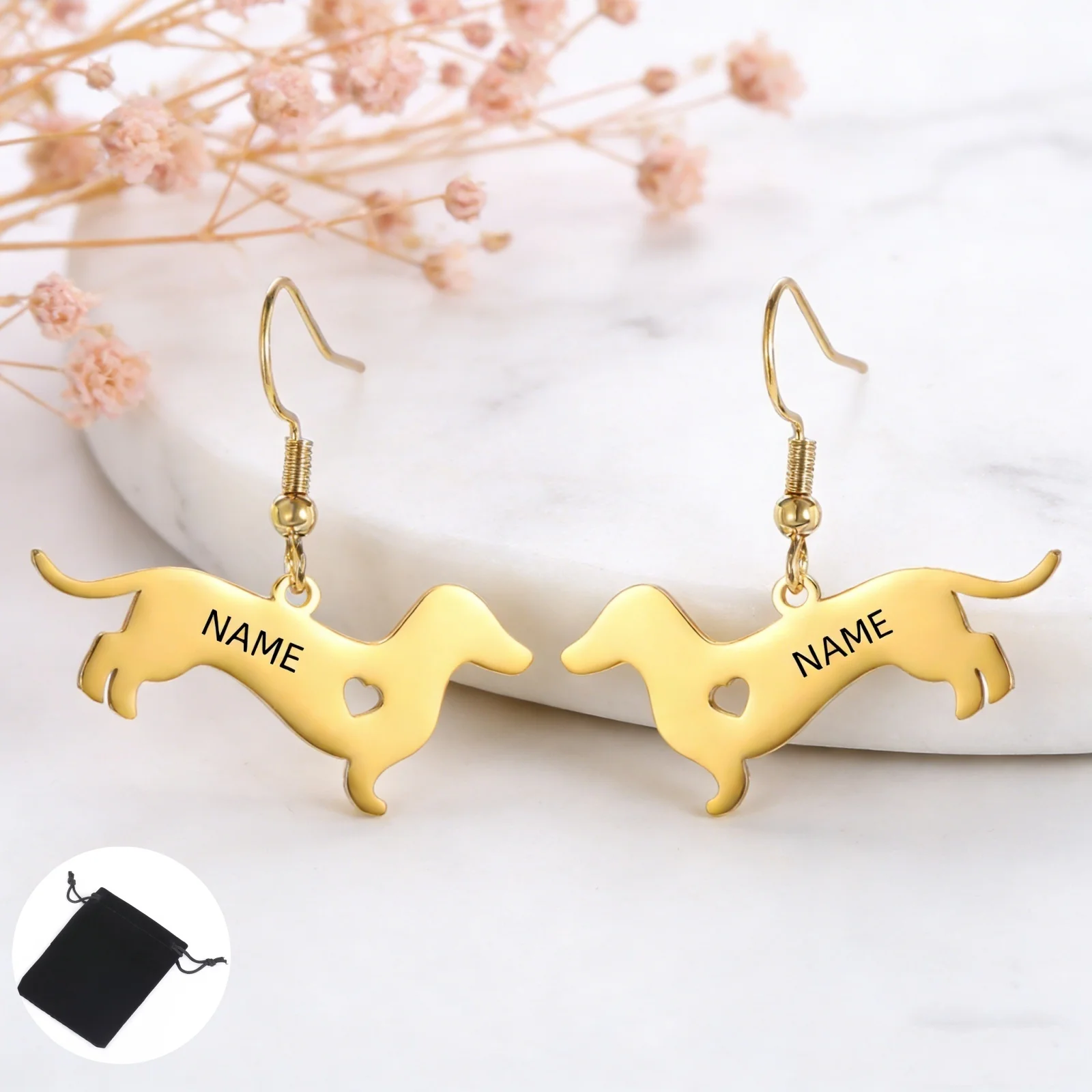 

Customized Name Text Pet Love Sausage Dog Women's Earrings Stainless Steel Sausage Dog Animal Jewelry Pet Dog Enthusiast Gift