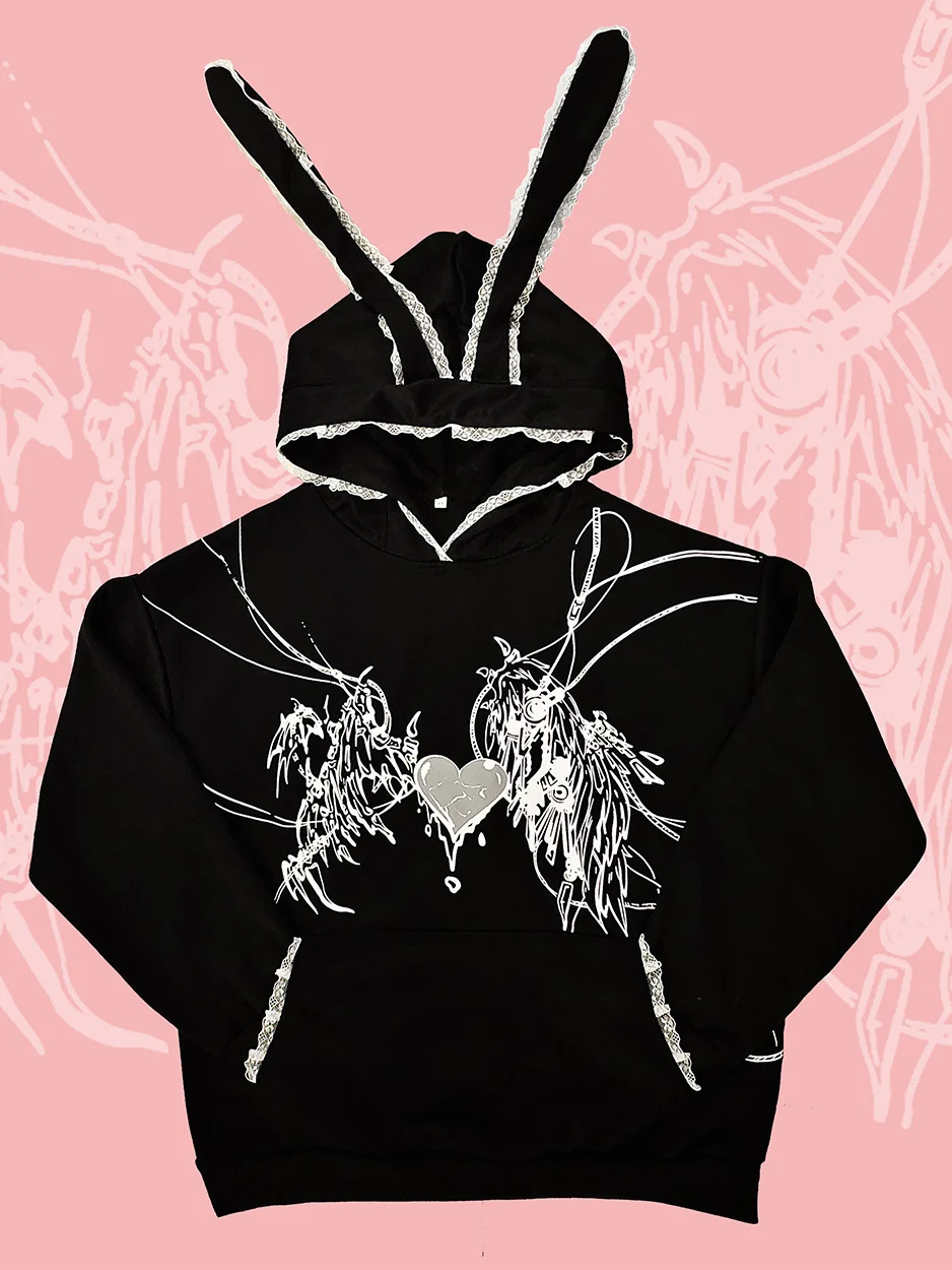 Japanese Kawaii Long Sleeve Hoodie Women Rabbit Ears Harajuku Sweet Sweatshirt Casual Pure Color Autumn Streetwear Pullovers