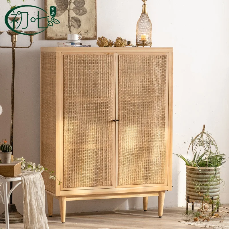 Japanese-style solid wood entryway shoe cabinet, small house, entrance hall cabinet, living room, rattan tea cabinet,