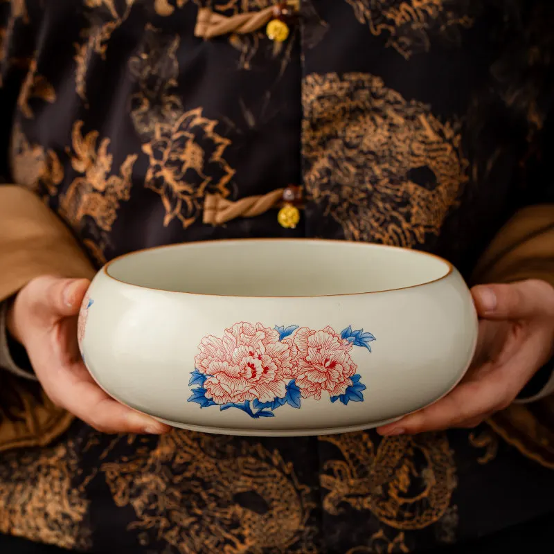 大きな瑞耀茶洗い鉢、陶器製花柄、日常使用の茶器セット、リビングルーム用、筆洗い、茶道用水盤