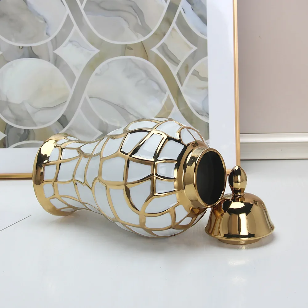 جرة عامة من السيراميك، جرة زنجبيل مصنوعة يدويًا، شبكة ذهبية من البورسلين، جرة تخزين الحلوى، مزهرية فنية للديكور المنزلي