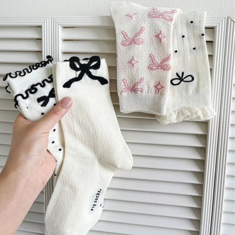 1 Pair Ballet Style Middle Tube Socks Women Elegant Cute Lolita Socks Mesh Breathable Lace Butterfly Knot Stacking Sock Y2K 2024