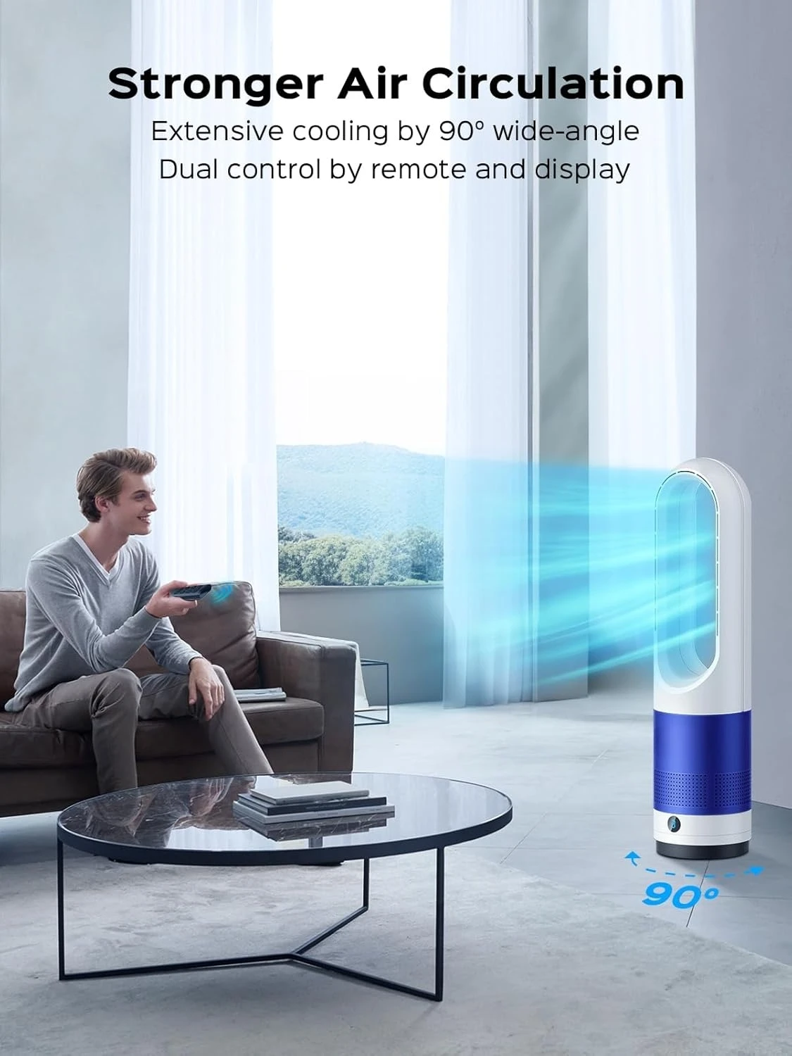 مروحة خالية من الشفرة لغرفة النوم، مروحة برجية هادئة مع جهاز تحكم عن بعد، 90 °   مروحة متأرجحة لشاشة LED داخلية سهلة التنظيف ومحمولة