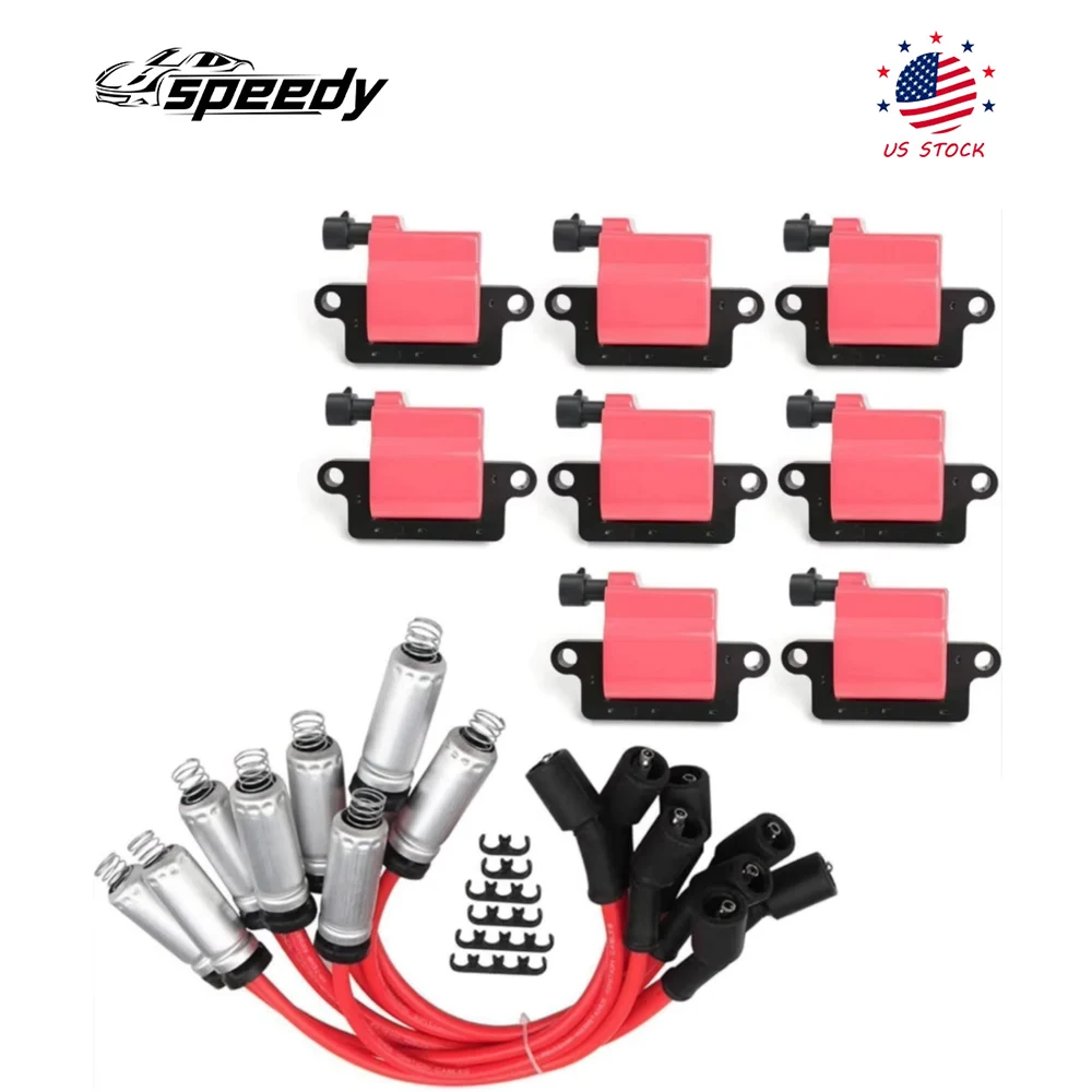 

12556893 D581 UF271 8 Pcs Red Square Ignition Coil & Spark Plug Wire For 2003-2005 Savana 1500 2500 3500 12558693 12570553