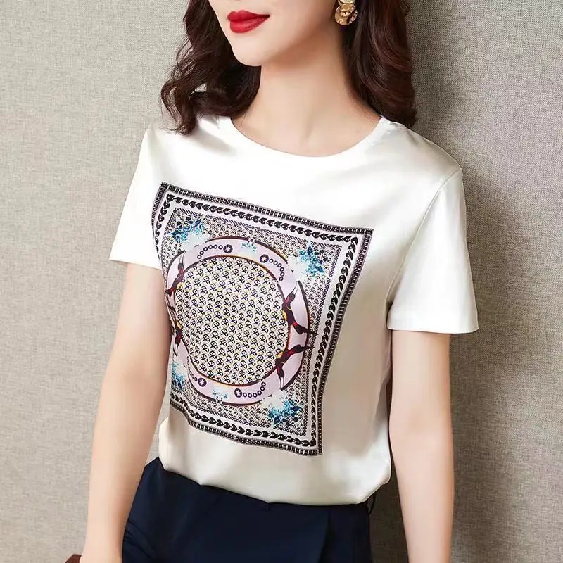 Fashion White Short Sleeve T-shirt for Women's New Summer Solid Loose Printing All-match Trend Tops Tees Elegant Vintage Clothes