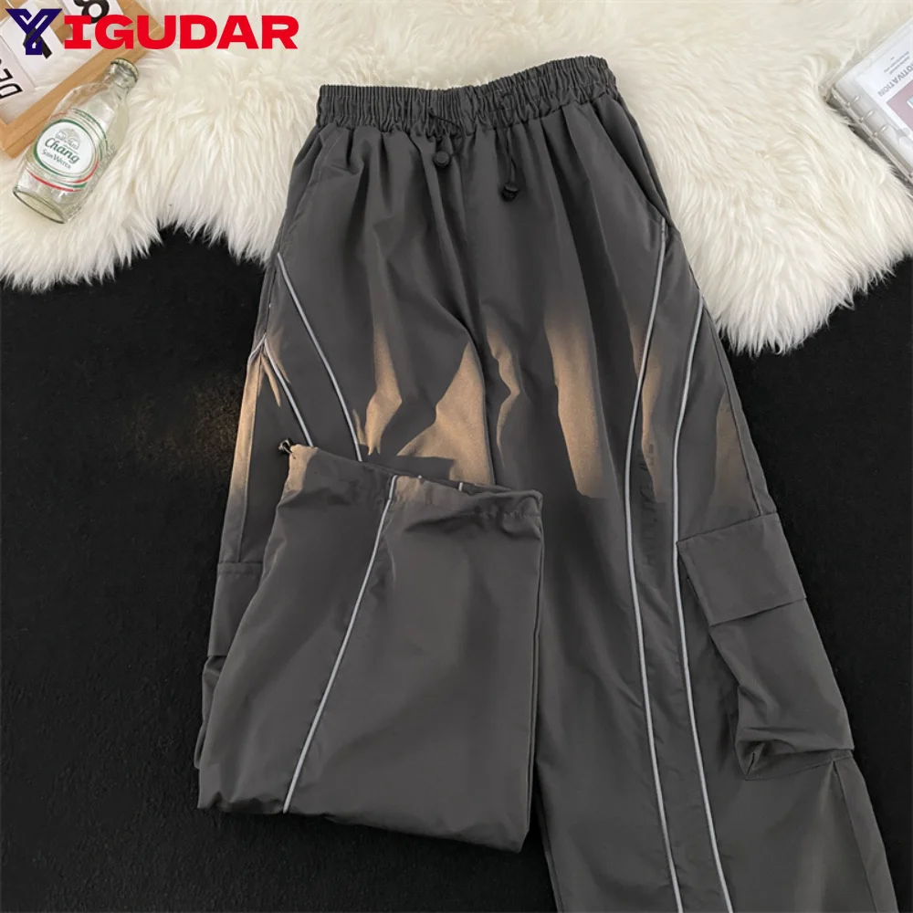 

Men Pants Drawstring Elastic Waist High Street Casual Straight Wide Leg Trousers men Clothing pantalones hombre y2k joggers