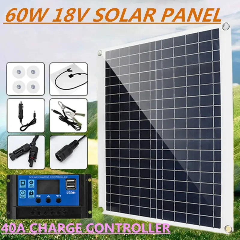 

18V 60W Monocrystalline Solar Panel Charger with 40A DC/USB Connector For Car RV Boat Motorhome Outdoor Camping Battery Charge