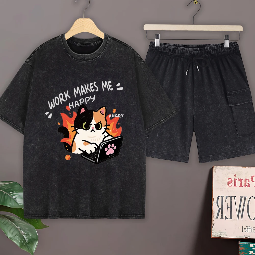 

Мужской летний комплект: футболка оверсайз из хлопка с принтом «Кот с ножом», шорты карго, футболка с круглым вырезом и коротким рукавом, брюки