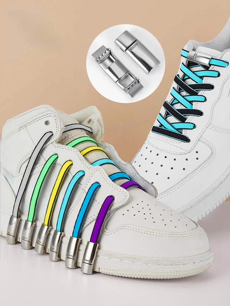 คลิปแม่เหล็กหัวเข็มขัดแบน Gradient รองเท้าผ้าใบแฟชั่น Slip-On Laces ผู้ชาย Lazy Shoelaces สีดำยางสีขาว