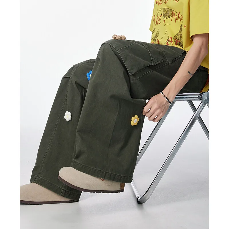 100% سراويل البضائع القطنية خمر الزهور الجيش الأخضر الفضفاضة Y2k Harajuku Sweatpants ملابس العمل الكورية السراويل للجنسين ركض الملابس
