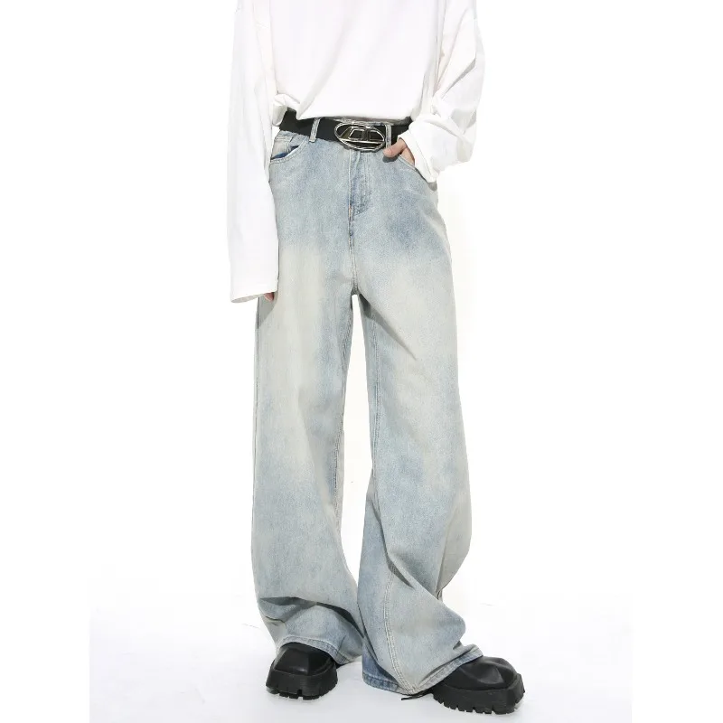 

Men's Baggy Jeans Spring New Basics Washed Light Blue Straight Vintage Denim Double Pockets Jeans for Men Men Jeans Y2k Clothes