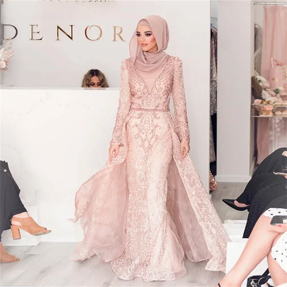 Elegantes muslimisches Abendkleid für Frauen 2024, luxuriös, Dubai, arabisch, Stehkragen, lange Ärmel, Perlen, formeller Abschlussball, Hochzeit, Party-Kleider