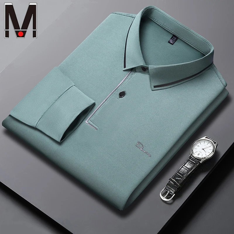 New Men's Business Casual Long Sleeved Shirt with Badge Solid Color Polo Shirt Fashionable Breathable Comfortable Versatile Top